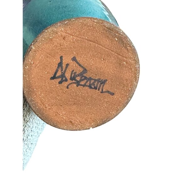 Handcrafted Turquoise Ceramic Vase Faux Pink Hydrangea Floral Arrangement - Picture 2 of 6